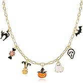 NEKOL Halloween Charm Necklace for Women, Horror Pumpkin Candy Canes Ghost Spooky Skeleton Charm, Long Paper Clip Chain Choker, Costume Party Jewelry Gifts