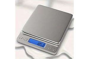 This is a Silver Electronic Scale with a Sleek Design and Clear Display. It Features Unit Conversion, zeroing, and Other Func