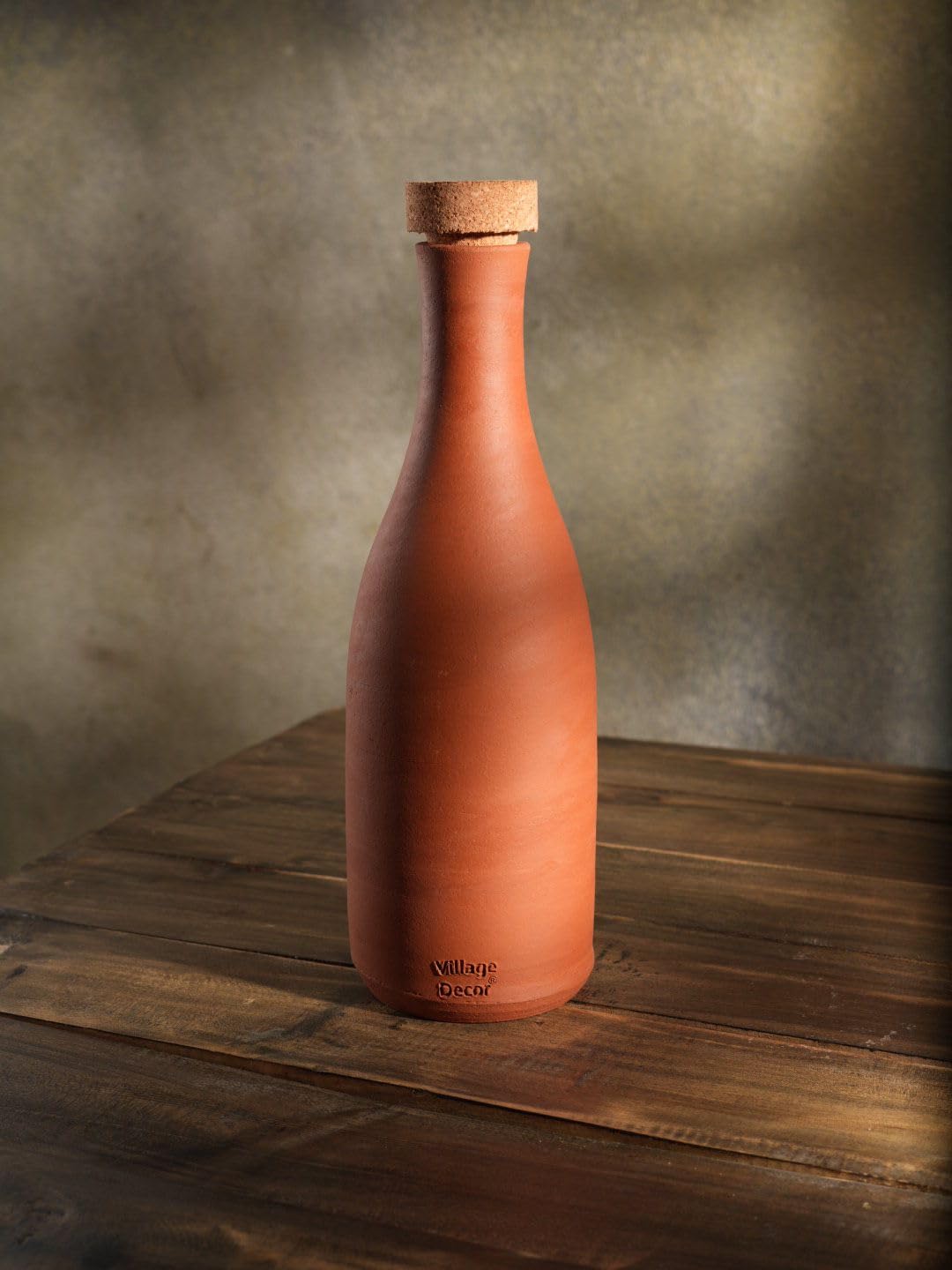 Village decor Clay Water Pitcher with lid (1 Liter Clay Water Bottle with Wooden Cork)