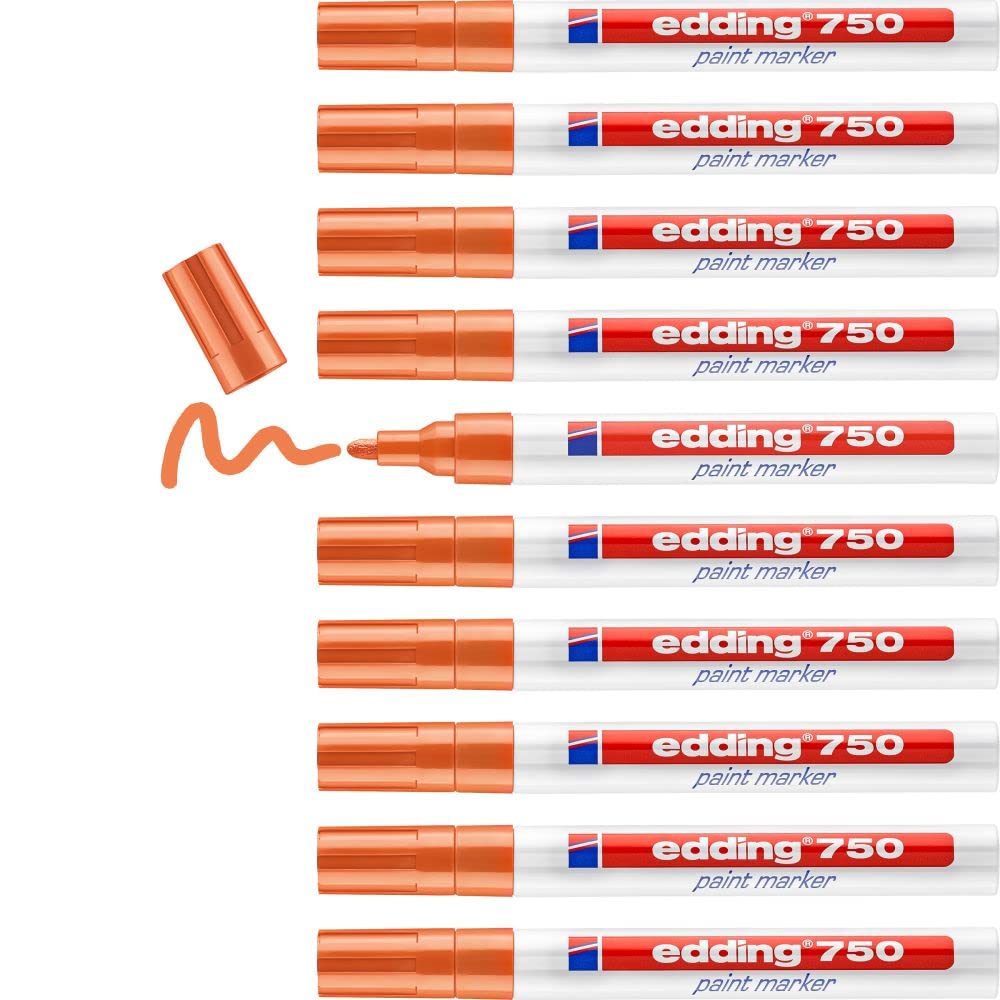 edding 750 paint marker - orange - 10 pens - round tip 2-4 mm - paint marker for marking and labelling metal, glass, rocks or plastic - heat-resistant, permanent, smudge-proof and waterproof