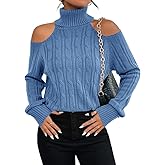 Langwyqu Womens Cold Shoulder Turtleneck Sweaters 2025 Fall Long Sleeve Soft Cable Knit Pullovers Sexy Jumper Tops