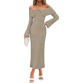 Saodimallsu Womens Off The Shoulder Maxi Sweater Dress Long Sleeve Bodycon Elegant Ribbed Knit Fall Midi Dresses