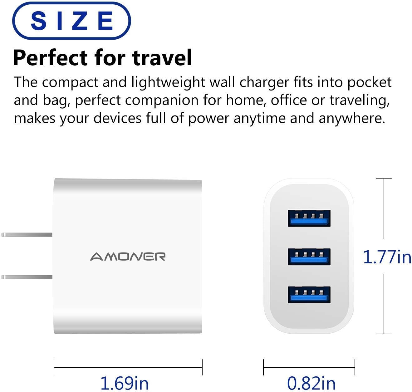 Wall Charger, Amoner Upgraded 2Pack 15W 3-Port USB Plug Cube Portable Wall Charger Plug for iPhone Xs/XS Max/XR/X/8/7/6/Plus, iPad Pro/Air 2/Mini 2, Galaxy9/8/7, Note9/8, LG, Nexus and More