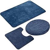 Elehealthy 3 Pieces Bathroom Rug Set, Non-Slip Bath Mats for Floors, Ultra Soft Absorbent and Comfortable U-Shaped Contour Rug, Floor Mat and Toilet Lid Cover(Navy Blue)