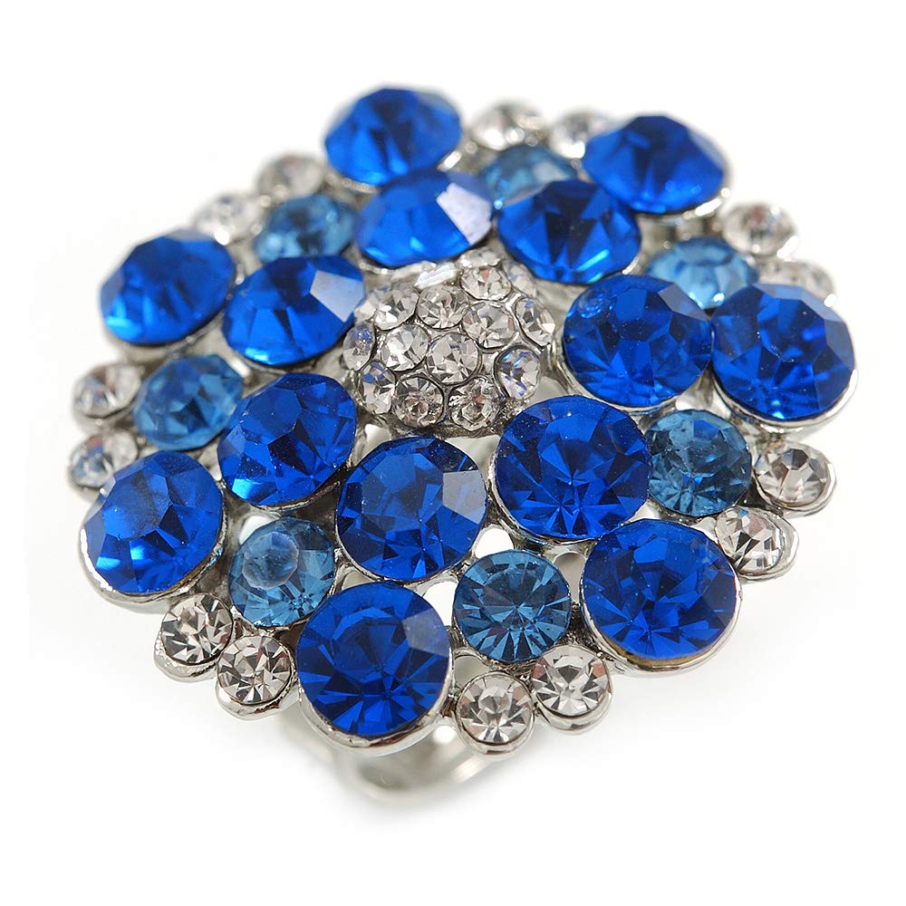 Avalaya 30mm D/Sky/Navy Blue Diamante Cocktail Ring/Silver Tone/Adjustable/Size 7/8