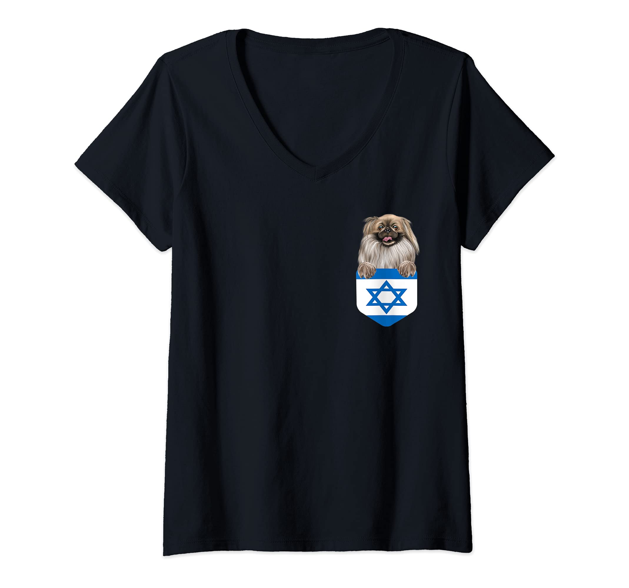Womens Israel Flag Pekingese Dog In Pocket V-Neck T-Shirt