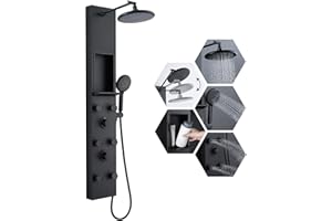 ROVATE Shower Panel Tower System with Shelf, Adjustable Shower Arm, Matte Black Shower Tower with 6 Body Jets, Self-Cleaning Rainfall Shower Head & Handheld, Powerful Shower Column Stainless Steel