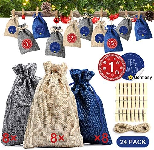 Small Gift Bags 24Pcs, Jute Drawstring Pouch Blue/Gray/Linen Burlap Bag with Advent Calendars 2019 Stickers/Clips/Rope, Small Hessian Sack for Holiday Christmas Party Wedding Favour Gift Bags Decor