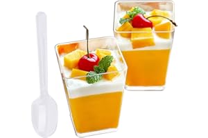 Tosnail 100 Pack 5 Oz Tall Square Clear Plastic Dessert Tumbler Cups with 100 Plastic Spoons - Great for Event and Party