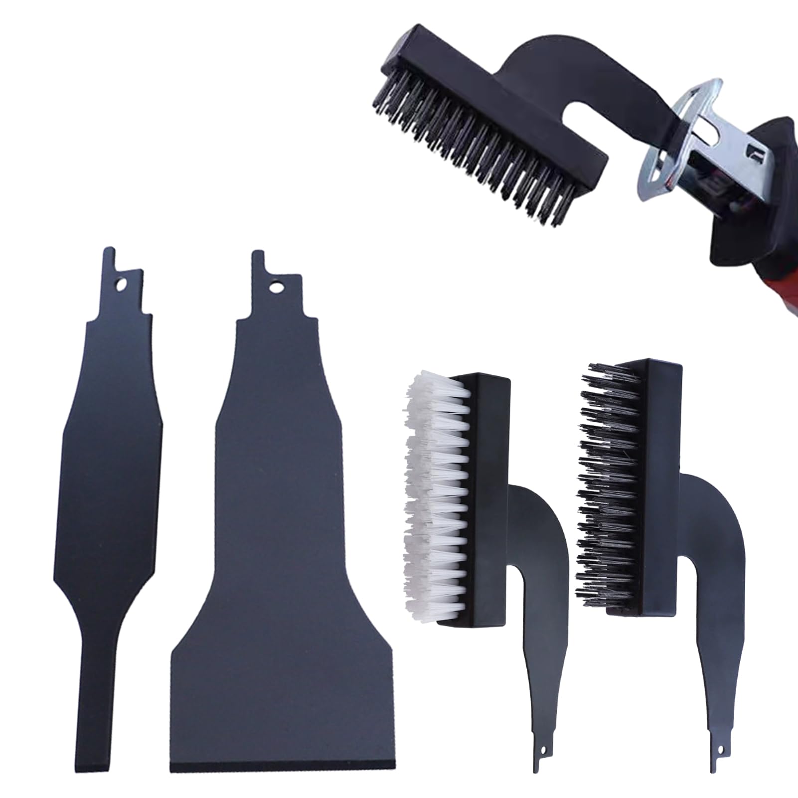 Photo 1 of 4pcs Reciprocating Saw Spatula Brush Set, Reciprotools Attachments and Adapters Nylon Wire Alloy Steel Cleaning Tool Multifunctional Carbon Steel Tile Ground Mud(Black)