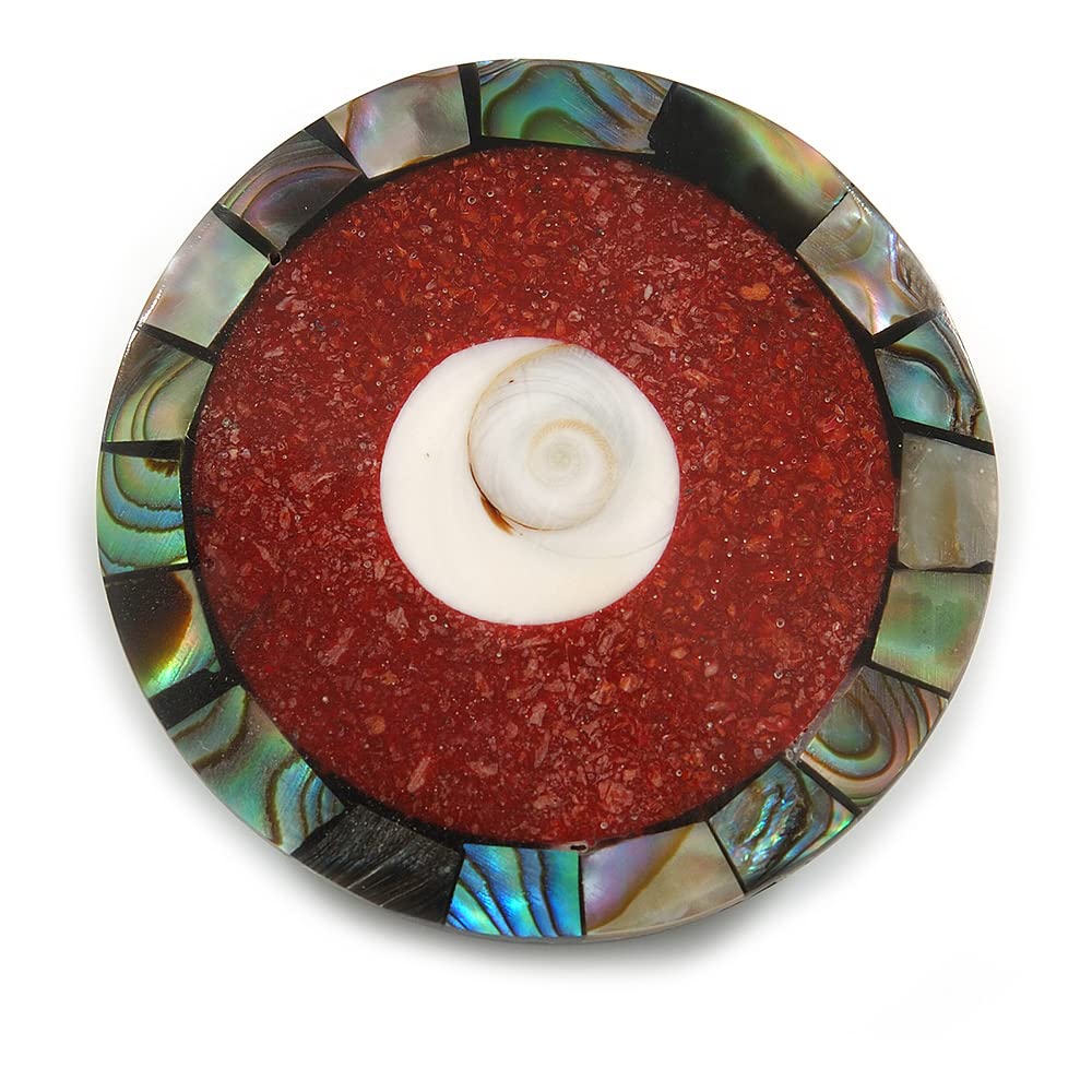 40mm L/Round Sea Shell Brooch/Red/White/Abalone Shades/Handmade/Slight Variation In Colour/Natural Irregularities