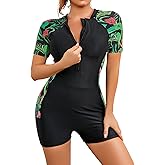 SHEKINI Womens Short Sleeve Rash Guard One Piece Swimsuit Surfing Suit Half Zipper Front Bathing Suit Quick Dry