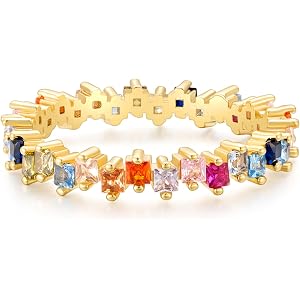 SHINYSO Rainbow Eternity Engagement Ring for Women Colorful Baguette Princess Cut Cubic Zirconia CZ Stackable Wedding Band Pr