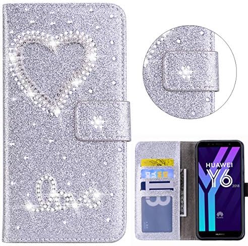 Shiny Bling Wallet Case for Huawei Y6 2018 Pocket Case Silver Glitter 3D Diamond Heart Bling Glitter Pattern PU Leather Folio Flip Case Kickstand Magnetic Book Wallet for Huawei Y6 2018/Honor 7A