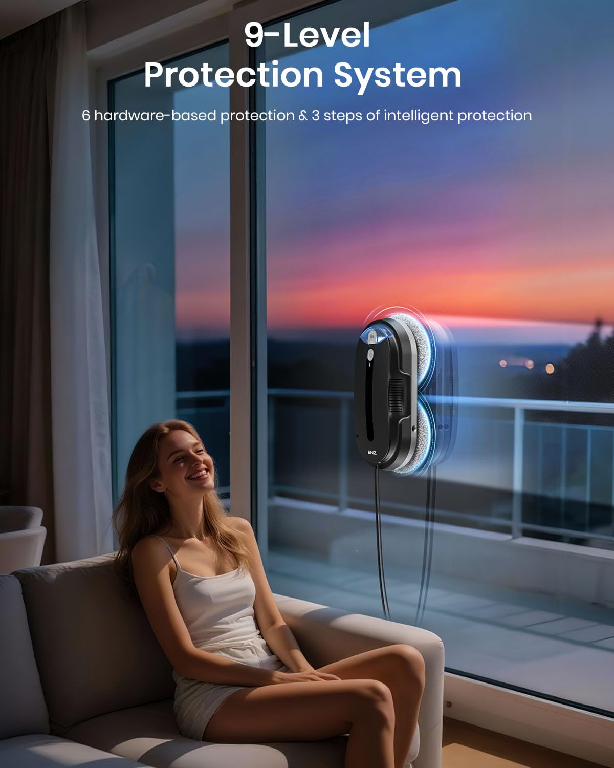 BNZ Robot Limpiador de Ventanas Inteligente, Twin Turbo y Limpiador de Ventanas con Pulverización Automática Doble con Sistema de Seguridad Múltiple, Planificación de Ruta AI, Detección de Bordes Sin Marco, K1, Negro Mate