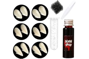 DuoduoBuy Halloween Cosplay Vampire Kit - 6 Pairs Vampire Fangs & Fake Blood Plasma & Solid Adhesive & Stipple Sponge, Realistic Vampire Accessories for Halloween Costume Makeup Adult Vampire Fang