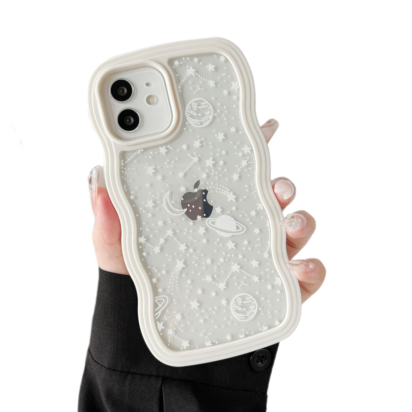 ZTOFERA Wavy Case for iPhone 12/12 Pro (6.1"), Cute Clear Protective Case with Planet Star Moon Pattern, Hard PC Colored Wave Frame Soft Silicone Bumper Shockproof Cover for Girls Women, Cream — image 1