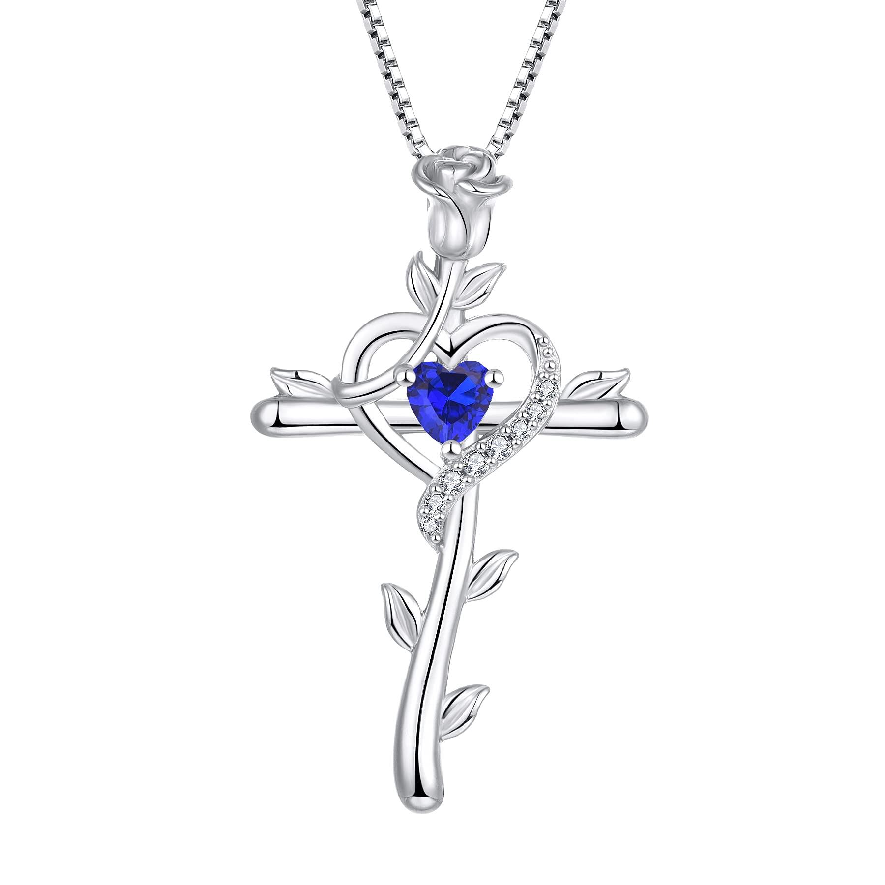 starchenie Cross Necklace 925 Sterling Silver Heart Birthstone Rose Crucifix Sapphire Zirconia Pendant Jewelry Gift for Women