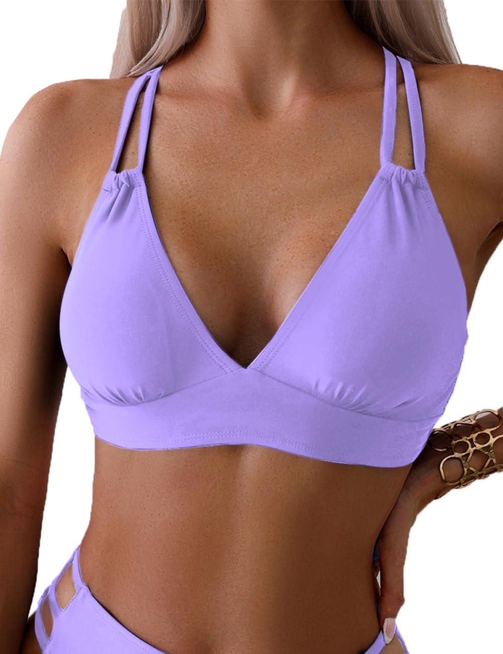 Photo 1 of Tainehs Women's Push Up V Neck Bikini Tops Criss Cross Back Padded Bathing Suit Top Only Light Purple XL