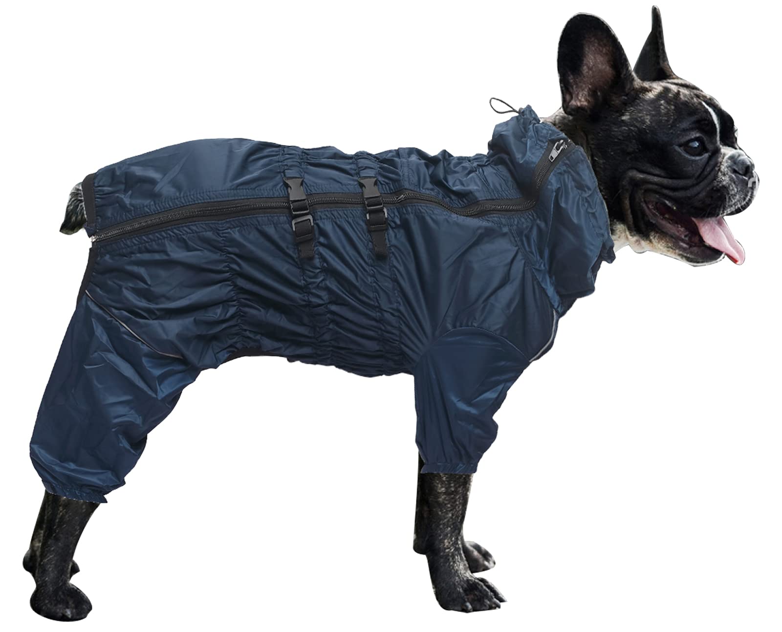 Morezi dog raincoat with high collar waterproof raincoat for dogs reflective four-leg rain gear jumpsuit for puppies small medium pet - Navy - S