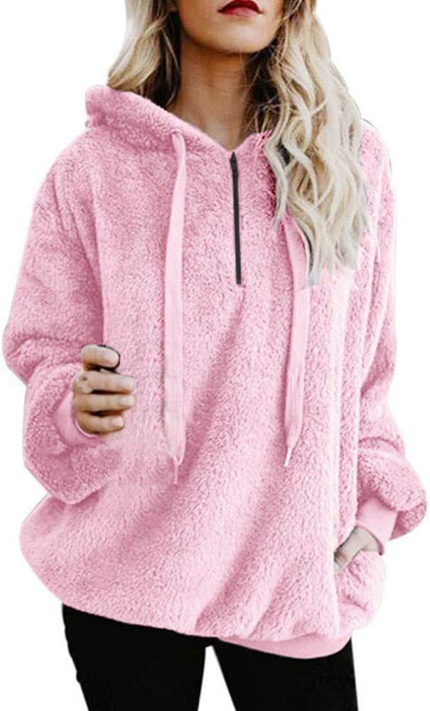 Womens Hoodie Coat Sale Toamen Ladies Long Sleeve Warm-up Jumpers Fluffy Faux Fur Pocket Fleece Hooded Sweatshirt Tops Outwear