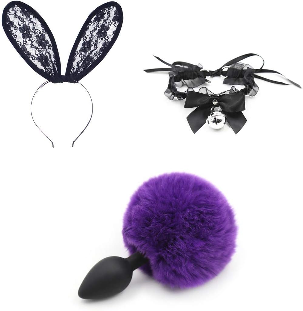 Collar, Rabbit Artificial Silicon Plush Tail and Rabbit Lace Ears Glamour Female Masquerade Props Set(Dark Purple)