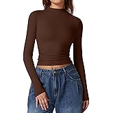 QINSEN Womens Mock Neck Long Sleeve Shirt Double Lined Basic Tees Side Ruched Going Out Crop Tops