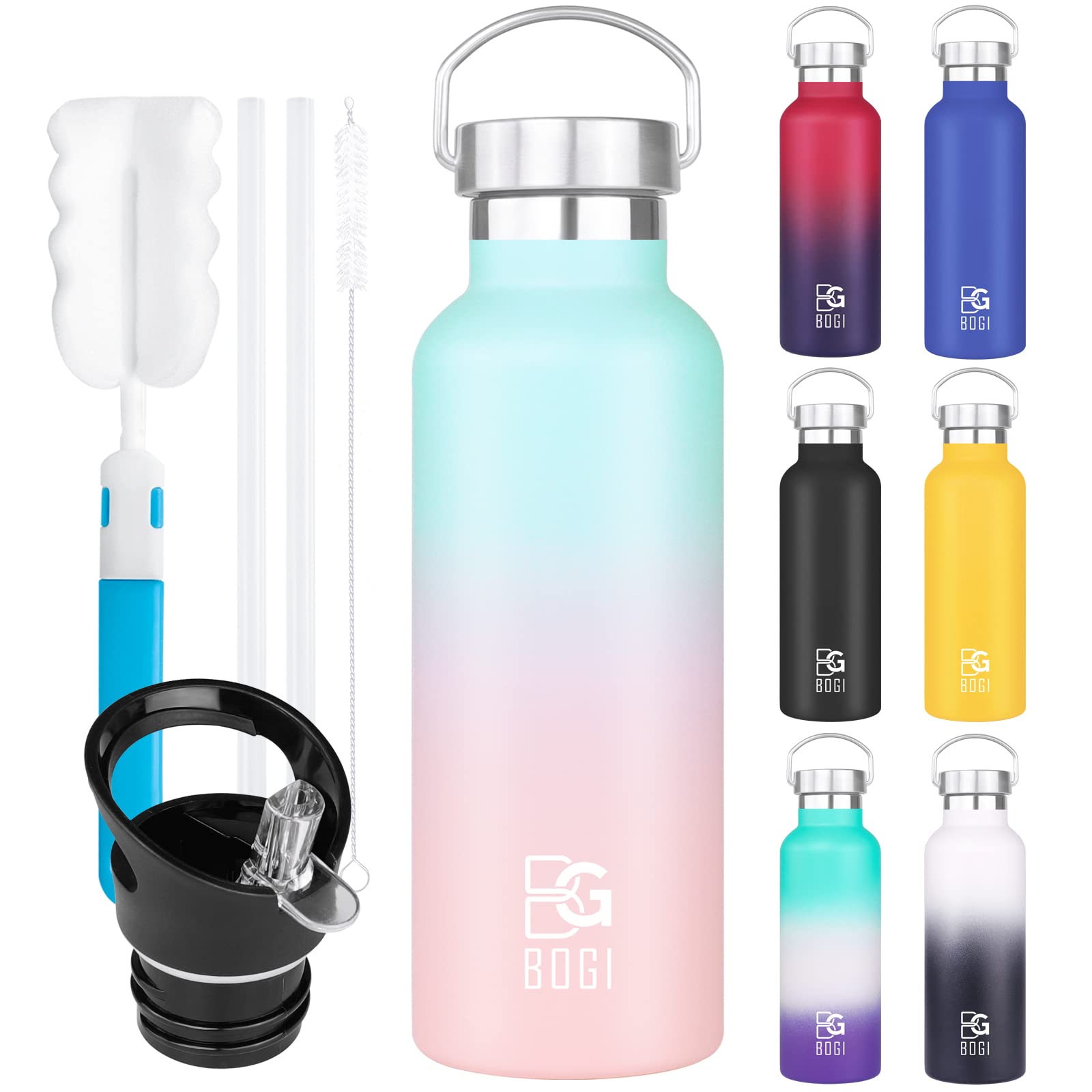 BOGI 600ml Double Wall Vacuum Insulated Stainless Steel Water Bottle-Scratch Resistance&Eco-Friendly for Outdoor Sports Yoga Camping,Straw Flip Cap+Cleaning Brush-1 Year Warranty(Green)