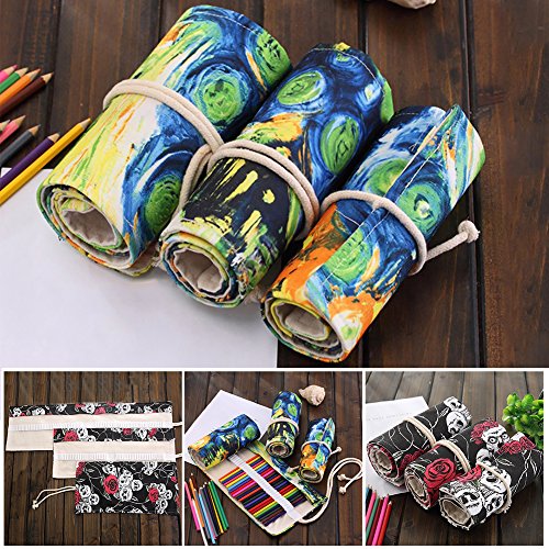 Slendima Sale! Large Capacity Skull Ink Painting Pencil Wrap Roll Pouch Paint Brush Bag for Art Student Artist Hobbyist - 2 Types - 36/48/72 Holes