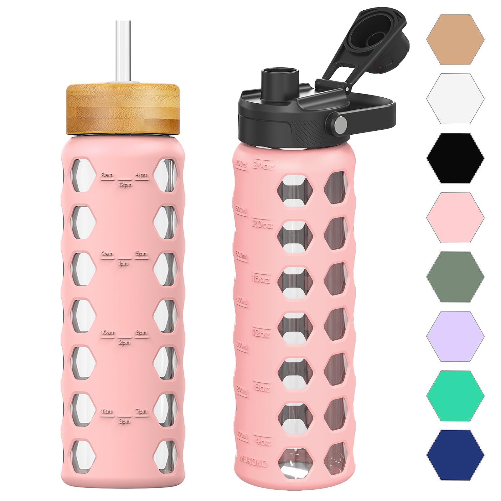 HYDRAGLAZIC 700ML Glass Water Bottle with 2 Flip and Bamboo Straw Lids Sports Water Tumbler with Time Reminder and Silicone Sleeve Leak-proof BPA Free, Pink
