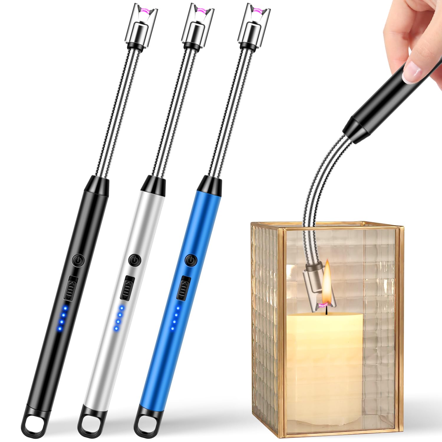 Photo 1 of LcFun 3 Pack Electric Candle Lighter Windproof USB Rechargeable Plasma Lighter with LED Battery Display, Flameless Long Arc Lighters for Grill BBQ Camping Fireplace Stove(Black,Blue,Silver)