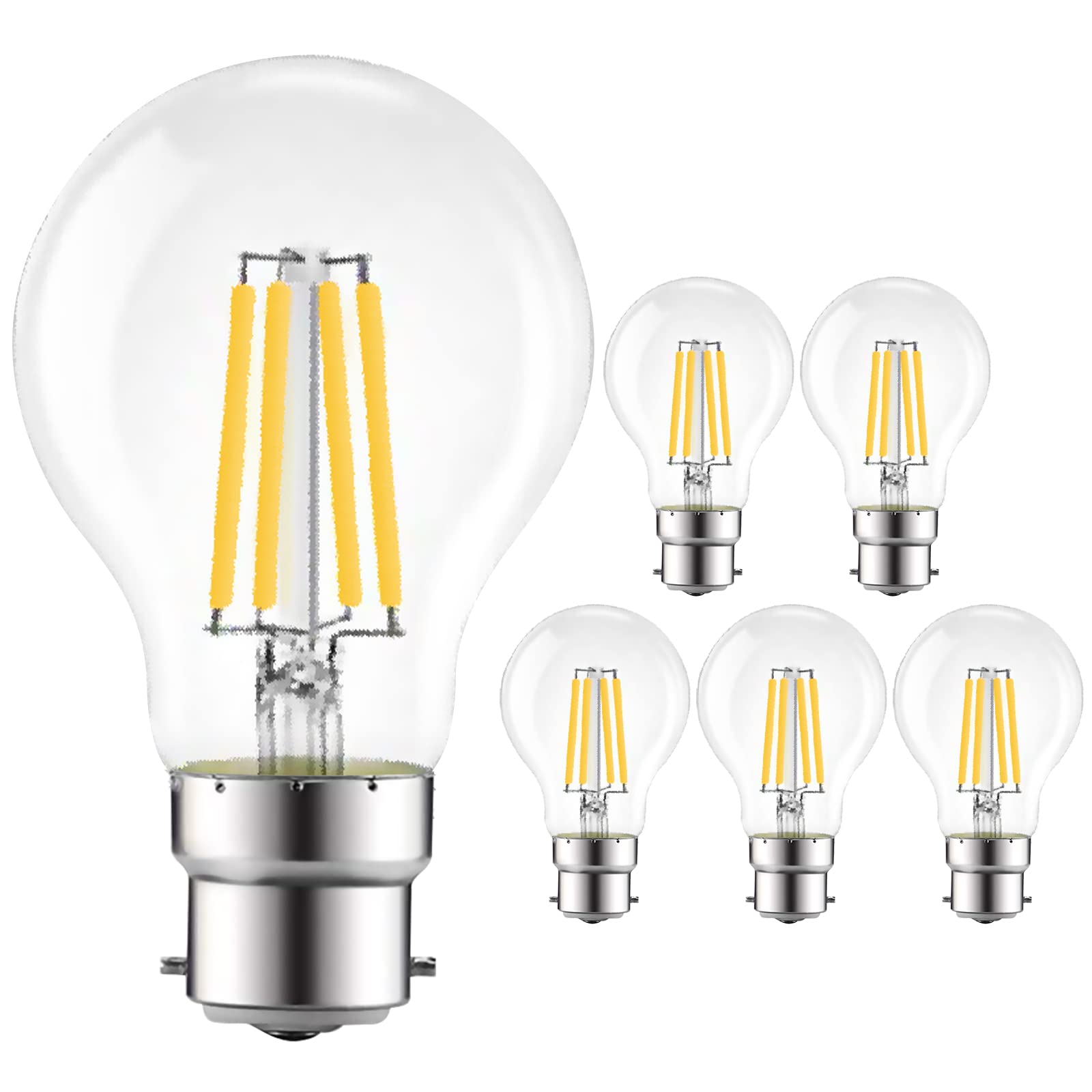 EXTRASTAR B22 LED Bayonet Filament Bulb, 8W(69W Equivalent), 950LM, Warm White 2700K, A60 Vintage Clear Glass Globe Energy Saving Light Bulbs, Non-Dimmable, Pack of 6