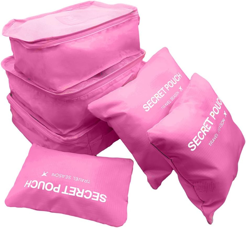 Travel Organisers Essential Bags-in-Bag Travel Storage Waterproof Nylon Drawstring Dry Bag Clothes Suitcase Luggage Storage Bags Set of 6 Big Space Rose