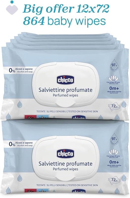 Toalhetes multiusos para bebé, com clip, sem álcool, perfumados, adequados para pele sensível, Megapack de 864 toalhetes, 12 pacotes de 72 toalhetes cada