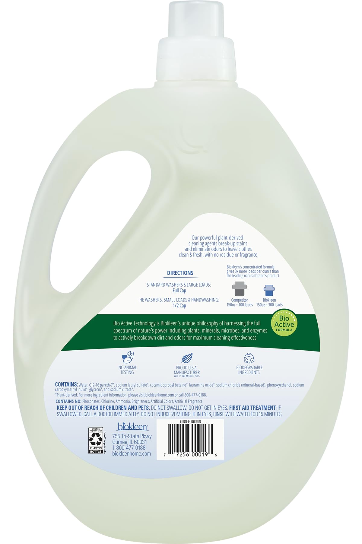 Biokleen Free & Clear Natural 3X Concentrated Liquid Laundry Detergent, 300 Loads, Plant-Based, Hypoallergenic, Removes Stains & Fights Odors, Dye Free, Unscented