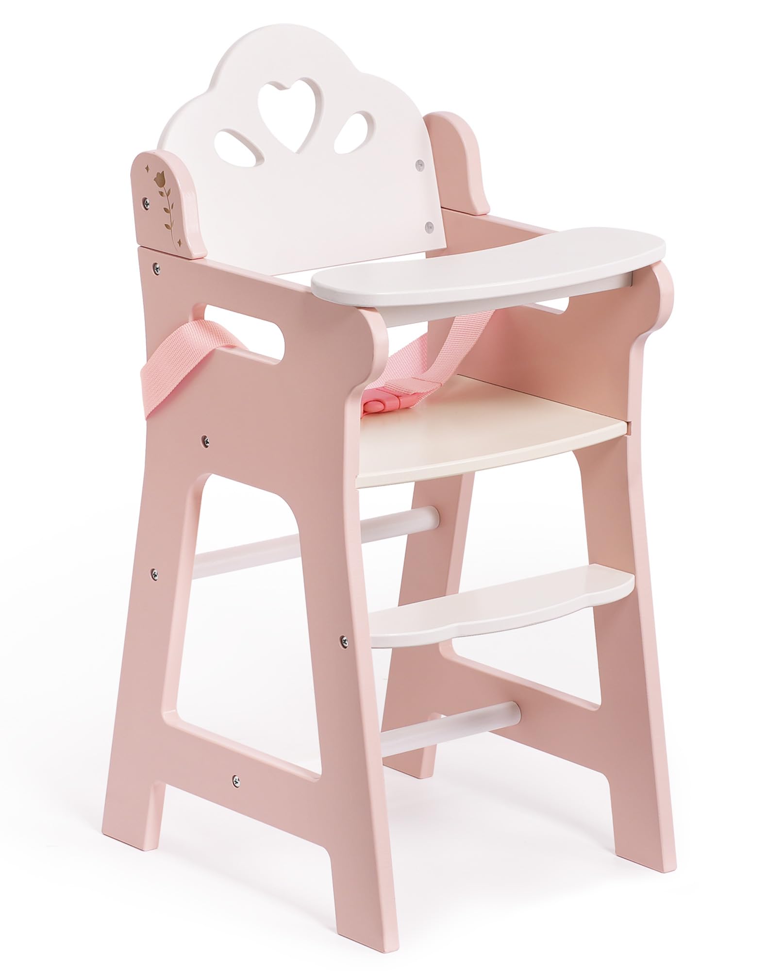 ROBUD Wooden Baby Doll High Chair, Toddler Pretend Play Doll Furniture with Adjustable Seat Belt, Movable Tabletop & Footrest, Suitable for up to 18 Inch Dolls, Role Play Toys for Kids Ages 3+ (Pink)