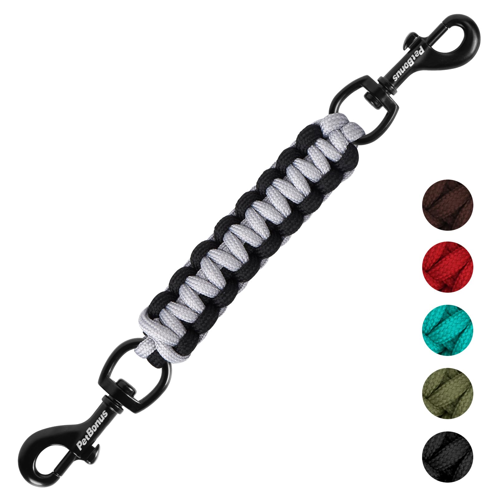 PetBonus Dog Collar Safety Clip, Handmade Backup Safety Strap for Dog Harness, Double Ended Clasp Leash Connector (Black, Grey)