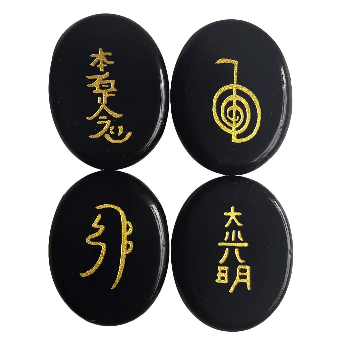 Lovionus89 4 Pcs Black Obsidian Engraved Chakra Stones Healing Crystal Reiki Balancing Palm Stone, 45mm