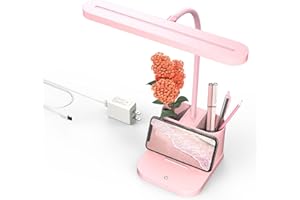 AXX Pink Desk Lamp for Home Office, Cute Table Lights for Bedrooms, Kawaii, Dimmable LED, Flexible Gooseneck, Pen Holder, Touch Control, Room College Dorm Essentials for Teen Girls Kids