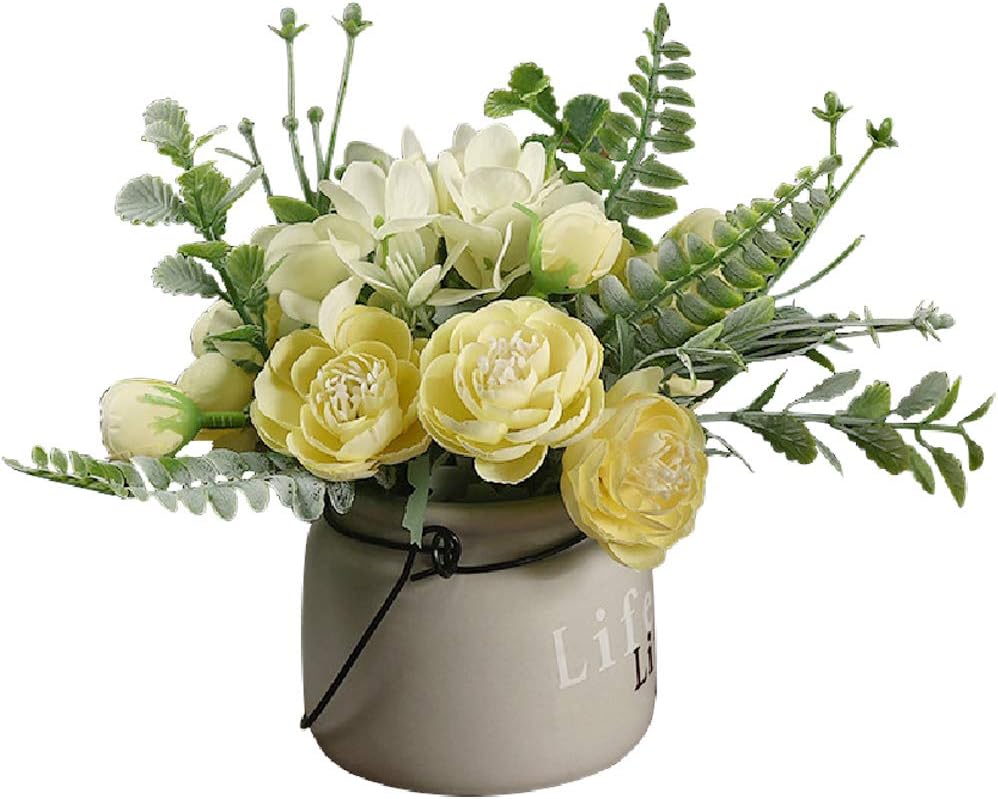 Amazon Com Austark Artificial Flowers With Vase Fake Silk Flowers With Pot Realistic Hydrangea Flower Table Decorative Arrangements For Home Party Office Wedding Light Yellow Kitchen Dining