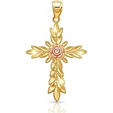Gold Floral Cross Pendant - 14 Karat Solid Gold - Cross Pendant Charm - Religious Cross Jewelry