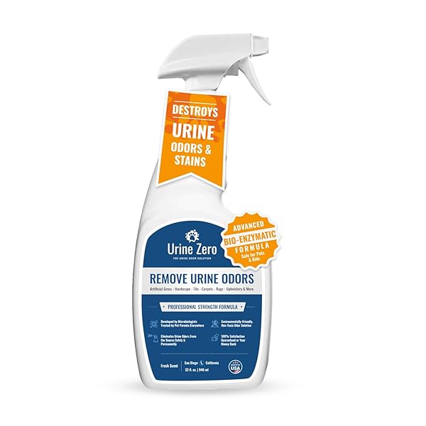URINE ZERO PET ODOR ELIMINATOR SPRAY – BIO-ENZYME CLEANER FOR DOG & CAT URINE | INSTANTLY REMOVES ODORS ON ARTIFICIAL GRASS, CARPET, RUGS & TILE | PET & KID SAFE, 32 OZ READY-TO-USE