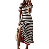 Dokotoo Womens Summer Casual Trendy 2026 Short Sleeve Maxi Dress Striped Split Vacation Color Block T Shirt Dress