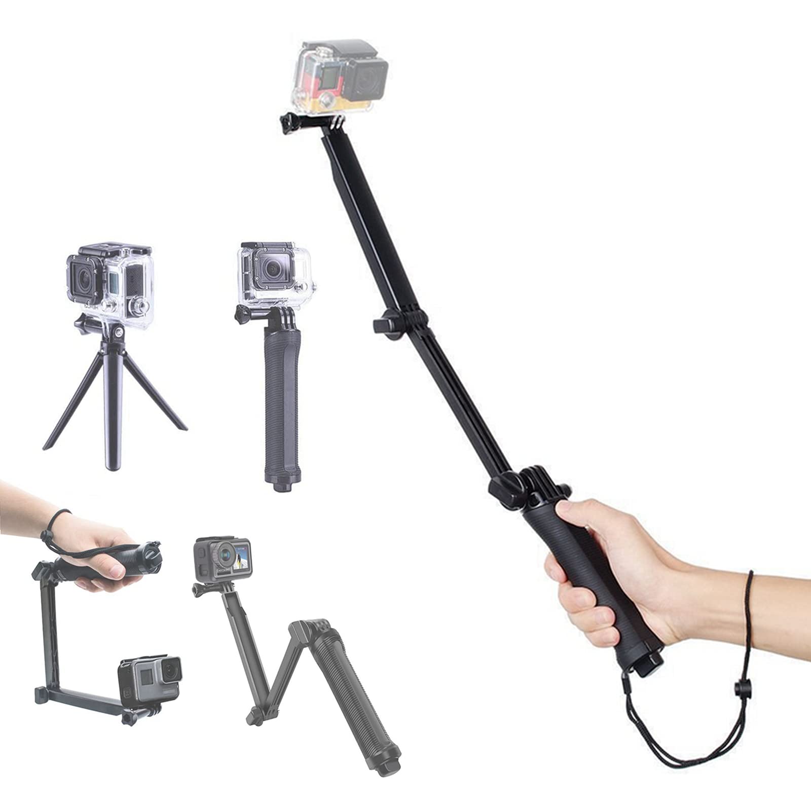 Foldable Selfie Stick with Tripod for Gopro, 3-Section Detachable Adjustable Folding Selfie Stick, All in One Mini Tripod Extension Rod Monopod Suitable for Gopro8/7/9, for Xiaoyi Sports Camera