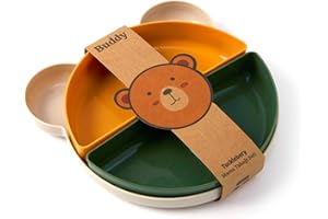 Tucklebery Buddy Toddler Plates and Bowls Set | 1 Bear Plate + 4 Bowls | Dinnerware Set for Baby and Children | BPA Free - Eco Friendly - Not Smell (Beige-Yellow-Green)
