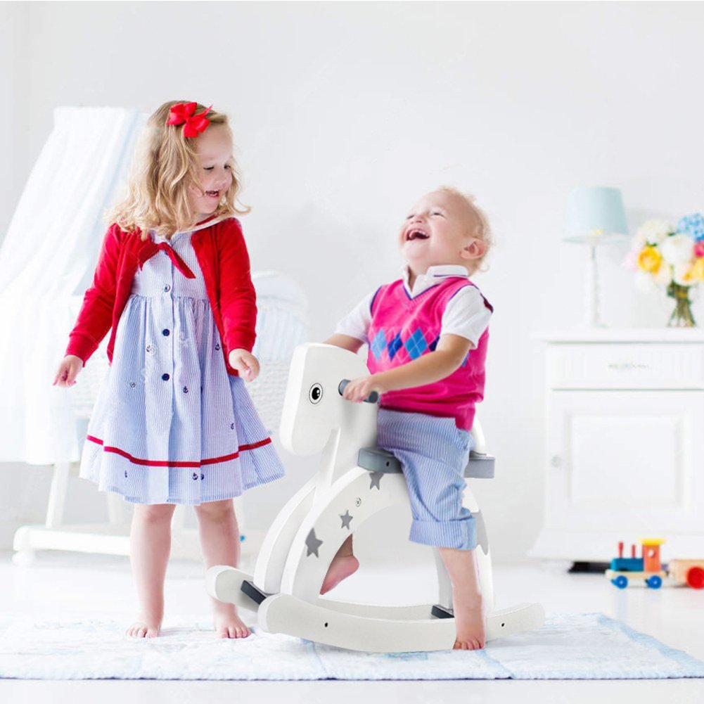 Cameretta bambino Labebe Cavallo Dondolo Legno Bianco con Stella Verde