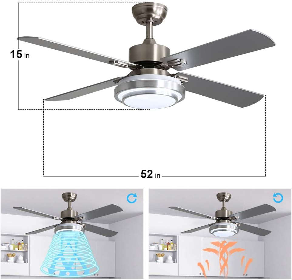 Warmiplanet Ceiling Fan with LED Light and Remote Control, 52 Inch, Brushed Nickel (4-Blades): Kitchen & Dining