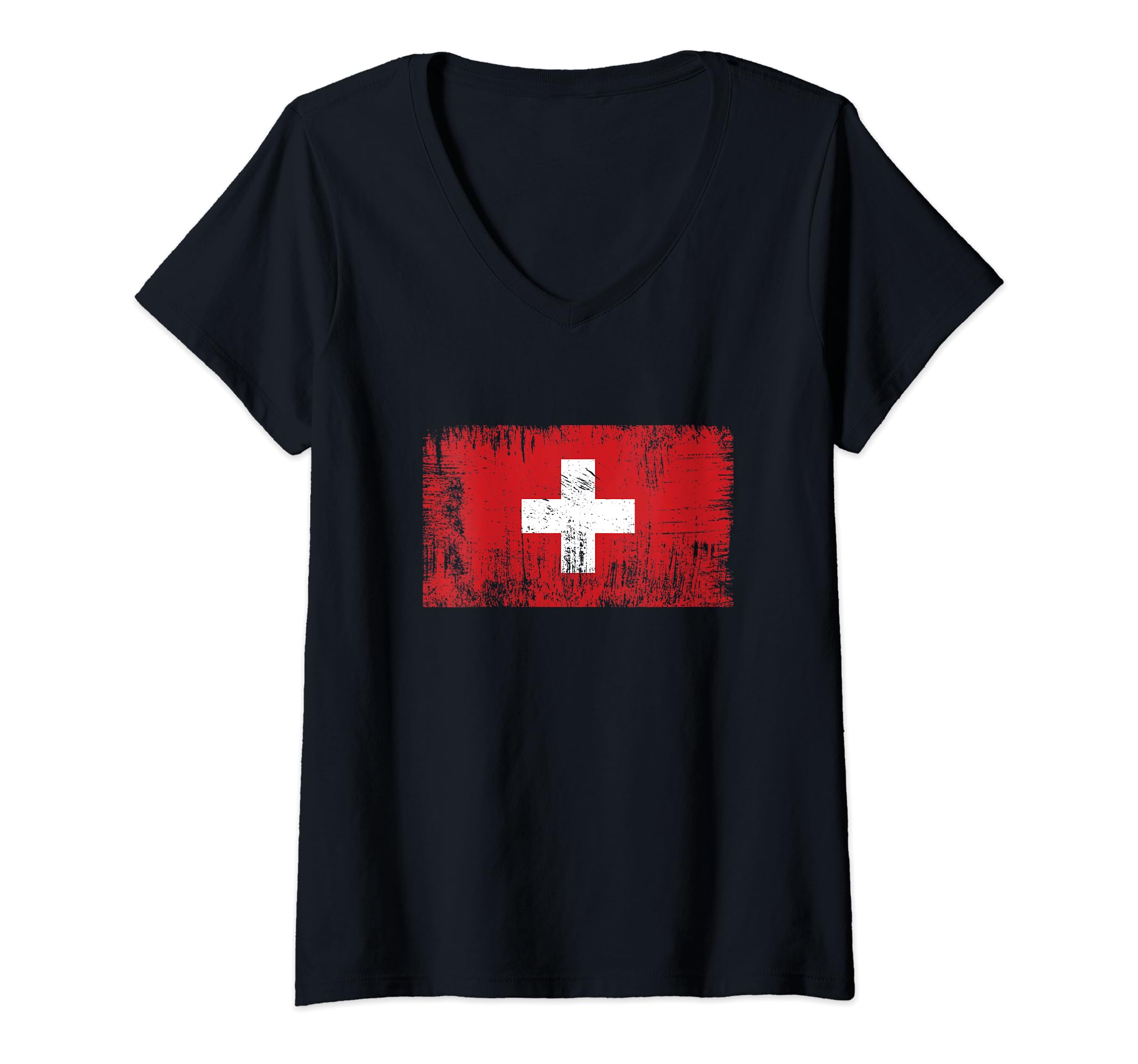 Womens Vintage Swiss Banner Fan Switzerland Flag Retro V-Neck T-Shirt