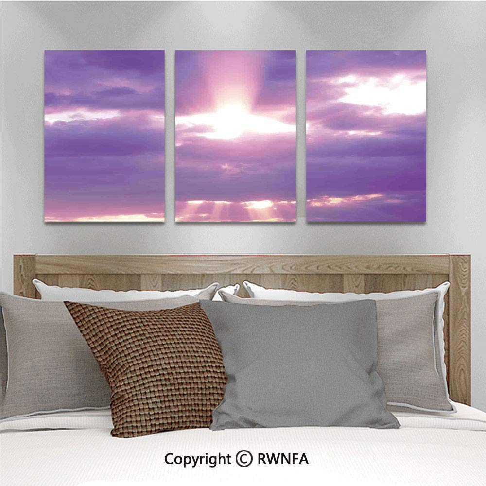 3pcs/Set Oil Painting Wall Art Sunburst on Cloudy Sky Rainy Weather Romantic View Decorating Picture Cubism Printed on Canvas Picture Modern Art for Home Decoration 13.8x19.7inch,Purple White
