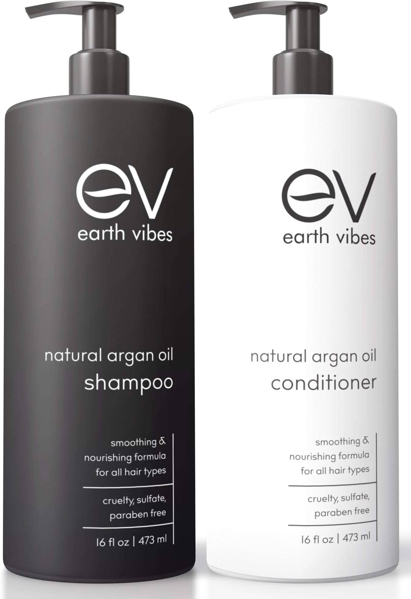 Earth Vibes Organic Moroccan Argan Oil Shampoo & Conditioner Set - (2x 16oz /473mL) - Sulfate Free - Made With Jojoba Oil, & Coconut Oil - Moisturizing - Repairs All Hair Types - For Men & Women